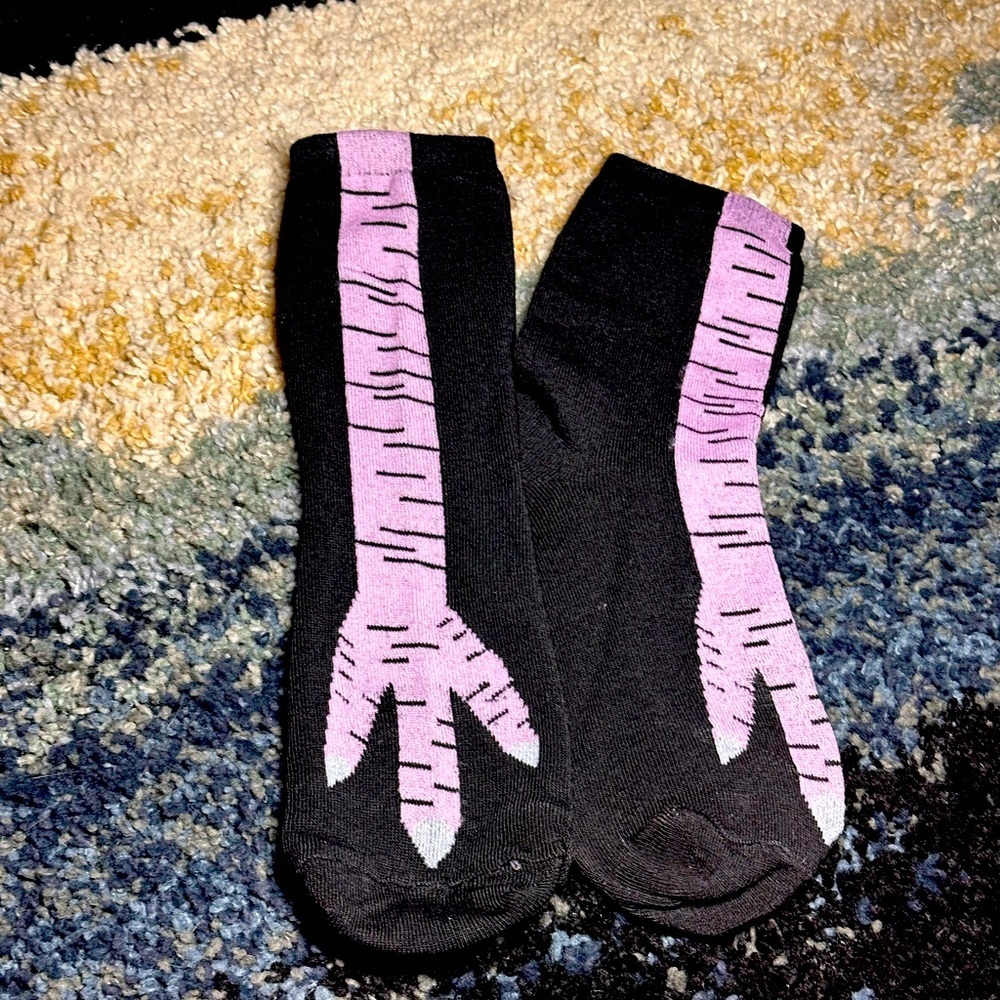 NEW Black & Lilac Chicken Feet Pattern Mid Tube Socks Trendy Funny Jokes Gym